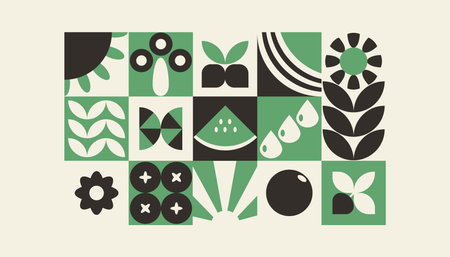 Bauhaus plants, natural geometric pattern in tiles, decorative abstract art with flowers, leaves, fruits, vegetables, banner, wallpaperのイラスト素材