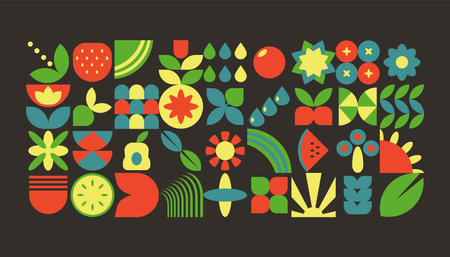 Bauhaus plants, natural folk ethnic geometric pattern in tiles, decorative abstract art with flowers, leaves, fruits, vegetables, banner, wallpaper, black backgroundのイラスト素材