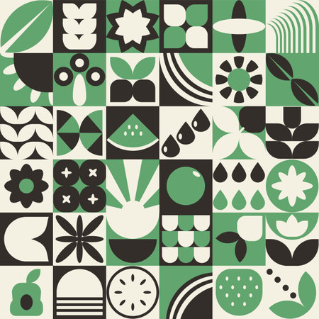 Bauhaus plants, natural geometric pattern in tiles, decorative abstract art with flowers, leaves, fruits, vegetables, banner, wallpaperのイラスト素材