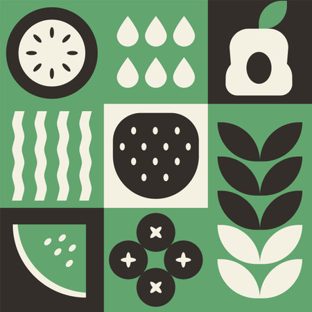 Bauhaus plants, natural geometric pattern in tiles, decorative abstract art with flowers, leaves, fruits, vegetables, banner, wallpaperのイラスト素材
