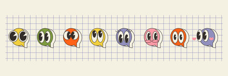 Set of tiny talk bubble text, emoji chat box, in retro y2k style with cute cartoon eyes on the white backgroundのイラスト素材