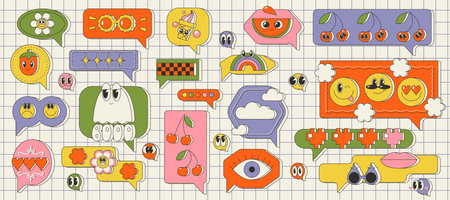 Set of talk bubble text, chat box, in retro y2k style with drawing elements. Stickers emoji and other things. Nostalgic old cartoon message windowのイラスト素材