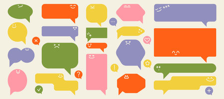 Abstract speech bubbles. Cartoon colorful geometric shapes cute emoji faces, message comic iconsのイラスト素材