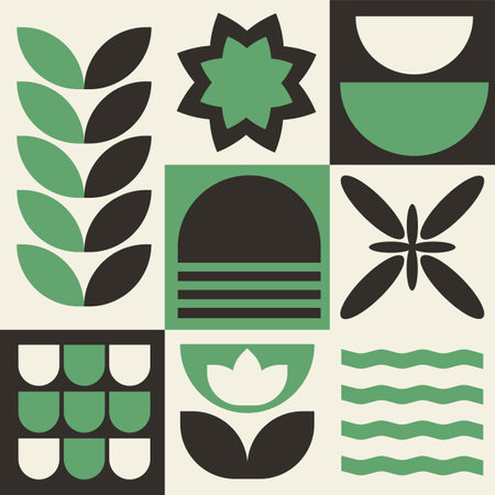 Bauhaus plants, natural geometric pattern in tiles, decorative abstract art with flowers, leaves, fruits, vegetables, banner, wallpaperのイラスト素材