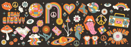 Groovy hippie 70s set. Funny cartoon flower, rainbow, peace, Love, heart, daisy, mushroom etc. Sticker pack in trendy retro psychedelic cartoon style, on the black backgroundのイラスト素材