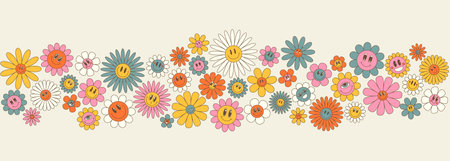 Groovy flower cartoon characters banner. Funny happy daisy with eyes and smile. Sticker pack in trendy retro trippy style. Background. Hippie 60s, 70sのイラスト素材
