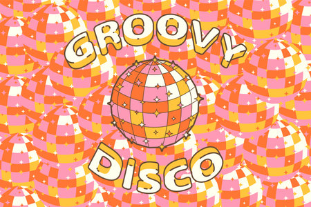Groovy poster in the style of the 70s with a disco ball. Bright horizontal background with text "groovy disco", color, outline, lightのイラスト素材