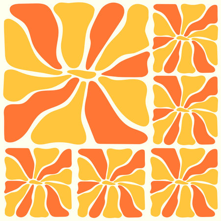 Abstract organic shapes daisy flowers seamless pattern in trippy groovy style. 1970s psychedelic floral background. Vector design for textile, wrapping paper, greeting cardsのイラスト素材