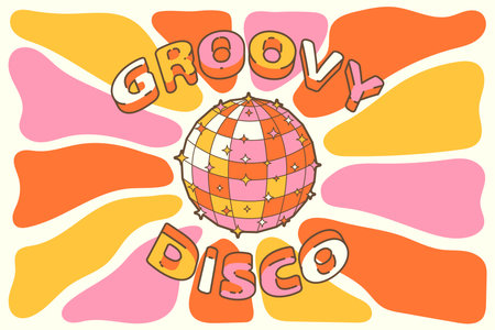 Retro groovy disco ball in trendy vintage colors with sunburst background. Disco vintage poster for retro 70s partiesのイラスト素材