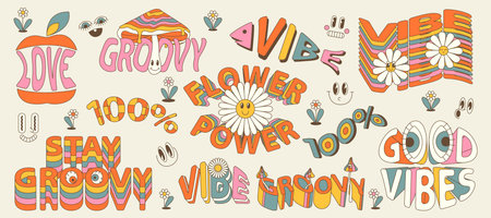 Groovy retro 70s style stickers with text. Daisy flower smile face, eye. Hippie slogans. Good vibes, stay positive, hippie soul, bloom. Vector pack with inspirationalのイラスト素材
