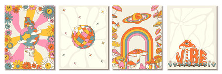 Groovy hippie 70s posters. Funny cartoon mushrooms, rainbow, disco, planet, daisy etc. Vector cards in trendy retro psychedelic cartoon style. Vector backgrounds.のイラスト素材