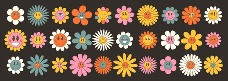Groovy flower cartoon characters. Funny happy daisy with eyes and smile. Sticker pack in trendy retro trippy style. Isolated. Hippie 60s, 70s on the black backgroundのイラスト素材
