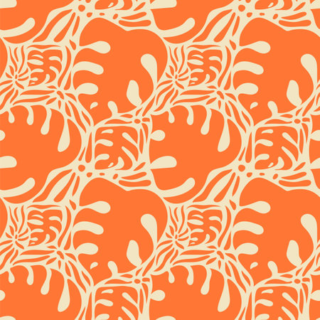 Seamless red, orange pattern with monstera  leaves for fabric, wallpaper, banner,  wrapping paperのイラスト素材