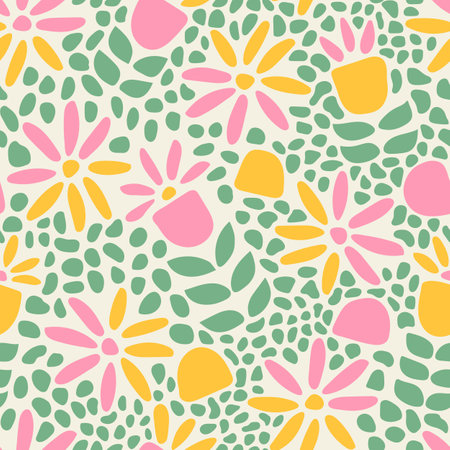Colorful flower seamless pattern illustration. Children style floral doodle background, funny basic nature shapes wallpaperのイラスト素材