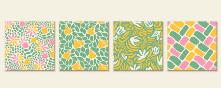 Set of Colorful nature seamless pattern illustration. Hand drawn style floral doodle background, funny basic nature shapes wallpaperのイラスト素材