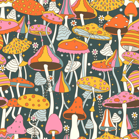 Colorful groovy cartoon psychodelic mushrooms, seamless pattern, hippie Y2k background, bannerのイラスト素材