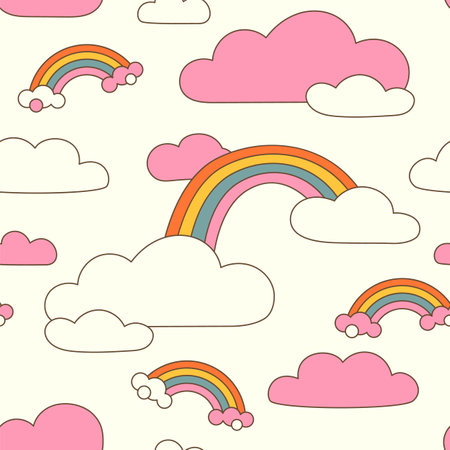 Retro groovy summer sky surface design for nursery and baby fashion. Childish rainbows with cloud. Contour Y2k vectorのイラスト素材