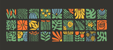 Abstract contemporary floral elements, pop art nature tiles for design, banners, printable. Fashion modern flower decor, funny racy vector plantのイラスト素材