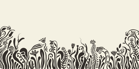 Natural botanical floral background with with border of silhouette delicate blooming flowers and grass, cute horizontal banner tamplate with light copy space in abstract modernのイラスト素材