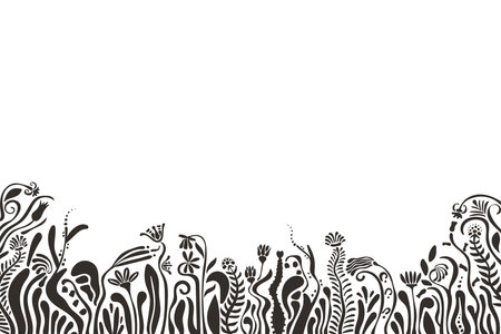 Natural botanical floral background with with border of silhouette delicate blooming flowers and grass, cute horizontal banner tamplate with light copy space in abstract modernのイラスト素材