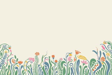 Natural botanical floral background with with border of greens, delicate blooming flowers and grass, cute horizontal banner tamplate with light copy space in abstract modern styleのイラスト素材