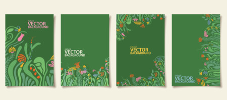 Set of four vertical abstract floral postcard, poster templates, with flowers and copy space, natural botanical background in modern styleのイラスト素材