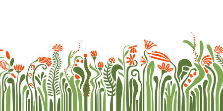 Abstract floral horizontal background with flowers with a long stem, footstalk, botanical banner, contemporary art in bauhaus, groovy styleのイラスト素材