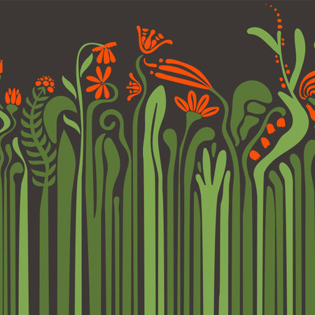 Abstract floral square dark background with flowers with a long stem, footstalk and copy space for banner, social media, postcard, contemporary art in bauhaus, groovy styleのイラスト素材