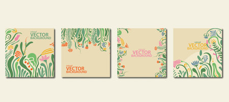 Set of four square abstract floral social media, postcard, poster templates, with flowers and copy space, in modern boho styleのイラスト素材
