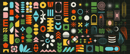 Big set of 100 brutalist abstract geometric elements, brutal contemporary figure, swiss design , bauhaus memphis shapes and grids, isolatedのイラスト素材