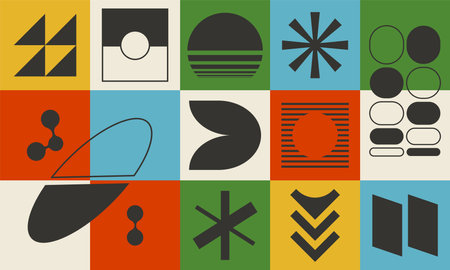 Geometric colorful design, abstract vector art with simple brutalism shapes and forms. Bold brutal graphics background, banner, seamless patternのイラスト素材