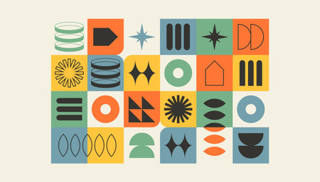 Colorful abstract shapes geometric backgrounds. Brutalism poster, pattern in tiles in trendy retro bauhaus style. Swiss design aesthetic, banner, wallpaperのイラスト素材