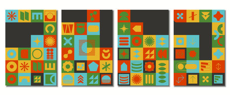 Abstract geometric brutal color mosaic artwork. Simple brutalism shapes collage poster. Memphis pattern background. Retro brutalist style modern trendyのイラスト素材