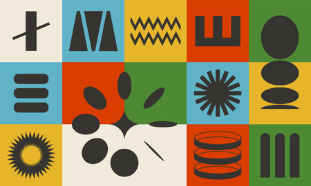 Geometric colorful design, abstract vector art with simple brutalism shapes and forms. Bold brutal graphics background, banner, seamless patternのイラスト素材