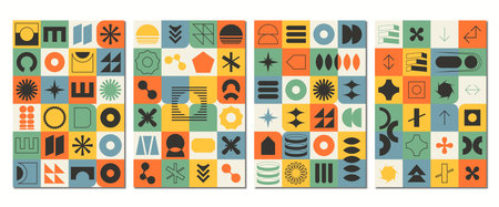 Colorful abstract shapes geometric poster tamplates. Brutalism postcard, pattern in tiles in trendy retro bauhaus style. Swiss design aesthetic, banner, wallpaperのイラスト素材