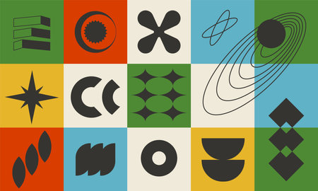 Geometric colorful design, abstract vector art with simple brutalism shapes and forms. Bold brutal graphics background, banner, seamless patternのイラスト素材
