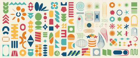 Big set of 100 brutalist abstract geometric elements, brutal contemporary figure, swiss design , bauhaus memphis shapes and grids for light backgrounds, isolatedのイラスト素材