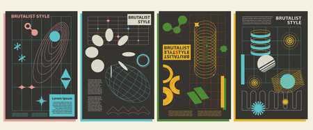 Retro futuristic vector minimalistic posters with silhouette basic figures, grids, modern monochrome print brutalism, extraordinary graphic elements of geometrical shapes compositiのイラスト素材
