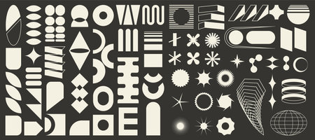 Set of brutalist abstract geometric elements, brutal contemporary figure, swiss design, bauhaus memphis shapes and grids for light backgrounds, isolated n black and whiteのイラスト素材