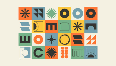 Colorful abstract shapes geometric backgrounds. Brutalism poster, pattern in tiles in trendy retro bauhaus style. Swiss design aesthetic, banner, wallpaperのイラスト素材