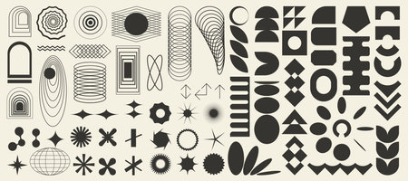 Set of brutalist abstract geometric elements, brutal contemporary figure, swiss design , bauhaus memphis shapes and grids for light backgrounds, isolated n black and whiteのイラスト素材