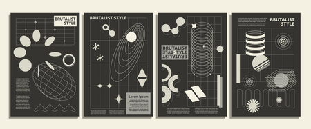 Retro futuristic minimalistic black and white posters with silhouette basic figures, grids, modern monochrome print brutalism, extraordinary graphic elements of geometrical shapesのイラスト素材