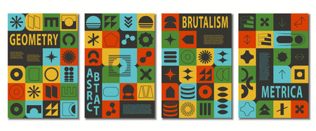 Abstract geometric brutal color mosaic artwork. Simple brutalism shapes collage poster. Memphis pattern background. Retro brutalist style modern trendyのイラスト素材