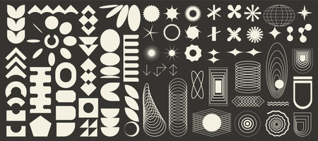 Set of brutalist abstract geometric elements, brutal contemporary figure, swiss design , bauhaus memphis shapes and grids for light backgrounds, isolated n black and whiteのイラスト素材