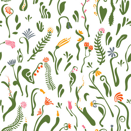 Botanical floral seamless pattern, delicate, fancy light background with wild abstract flowersのイラスト素材