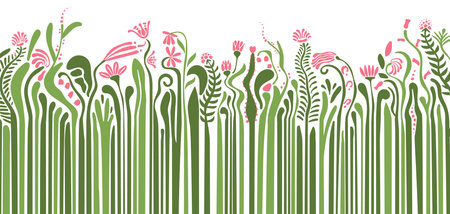 Abstract floral horizontal background with flowers with a long stem, footstalk, botanical banner, contemporary art in bauhaus, groovy styleのイラスト素材