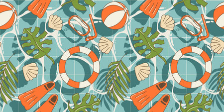 Summer seamless pattern with tropical leaves, lifebuoy, flippers, ball, goggles for swimming in the pool in cute cartoon styleのイラスト素材