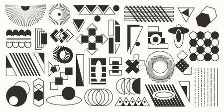 Set of original modern black and white graphic geometric elements, contemporary abstract shapes, retro collection of trendy minimalist printsのイラスト素材