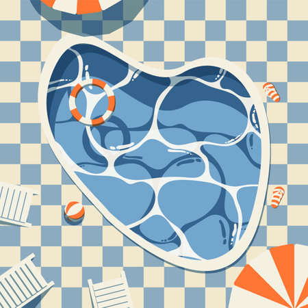Swimming pool in cute cartoon style, top view, flat summer illustration, hotel vacation conceptのイラスト素材