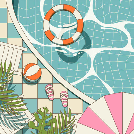 Swimming pool in cute cartoon style, top view, flat summer illustration, hotel vacation conceptのイラスト素材